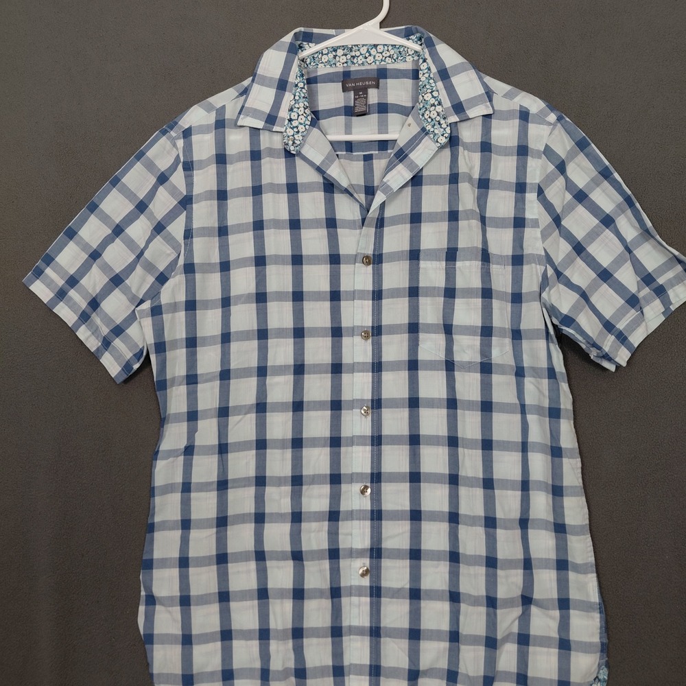 Kids Blue White Plaid Short Sleeve Button‎ Down Shirt Floral Trim Preppy M 15 - Picture 2 of 11